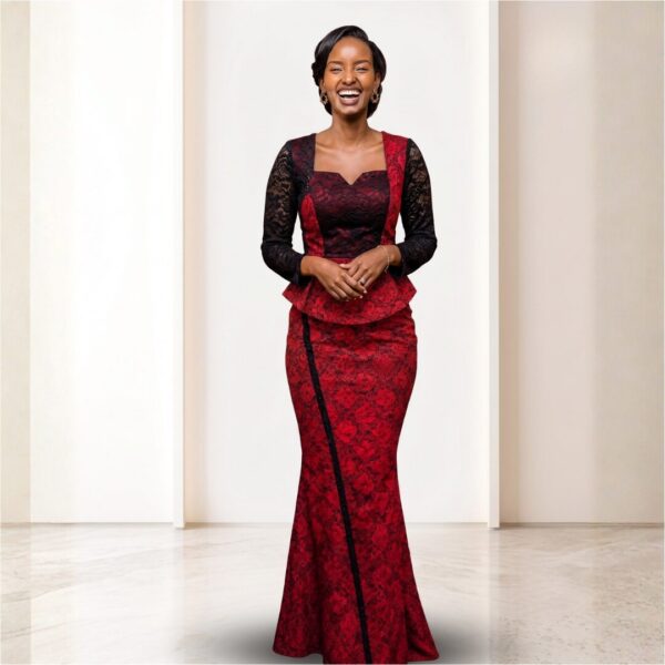Zuri Deep Red & Black African Peplum Maxi Dress