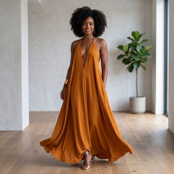 Zola Burnt Orange African Halter Maxi Dress