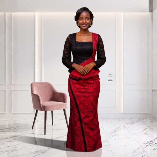Zuri Deep Red & Black African Peplum Maxi Dress