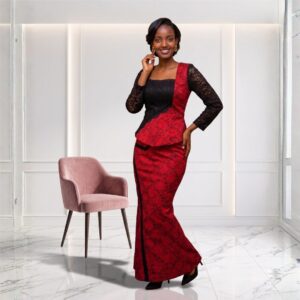 4 Zuri Deep Red & Black African Peplum Maxi Dress