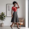 Imara Crimson Red & Black African Midi Dress