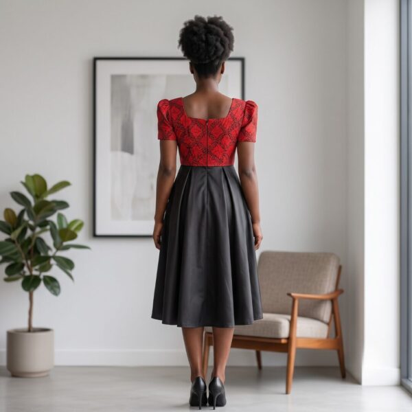 Imara Crimson Red & Black African Midi Dress