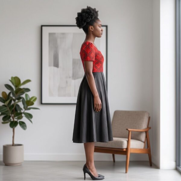 Imara Crimson Red & Black African Midi Dress