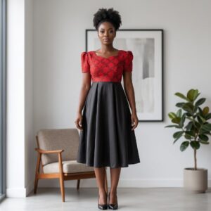 91 Imara Crimson Red & Black African Midi Dress