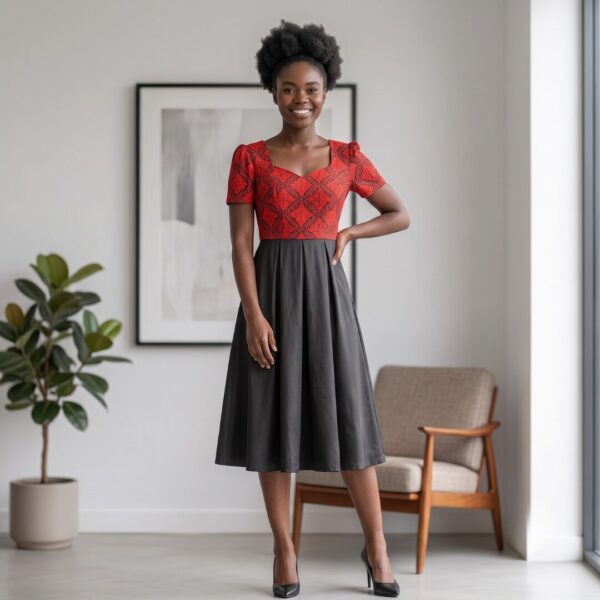 Imara Crimson Red & Black African Midi Dress
