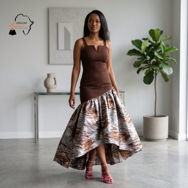 Zawadi Cocoa Brown & Ivory High-Low African Dress