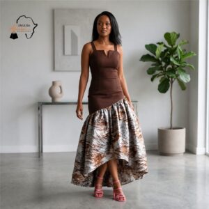 125 Zawadi Cocoa Brown & Ivory High-Low African Dress