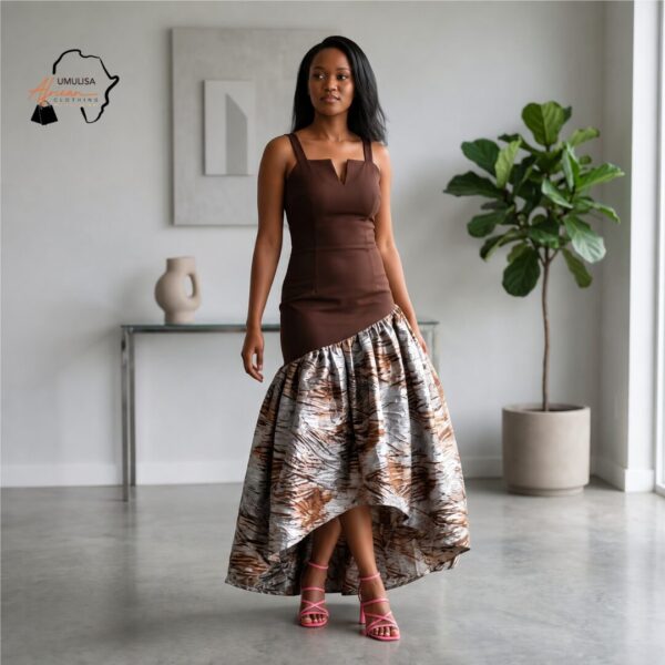 Zawadi Cocoa Brown & Ivory High-Low African Dress