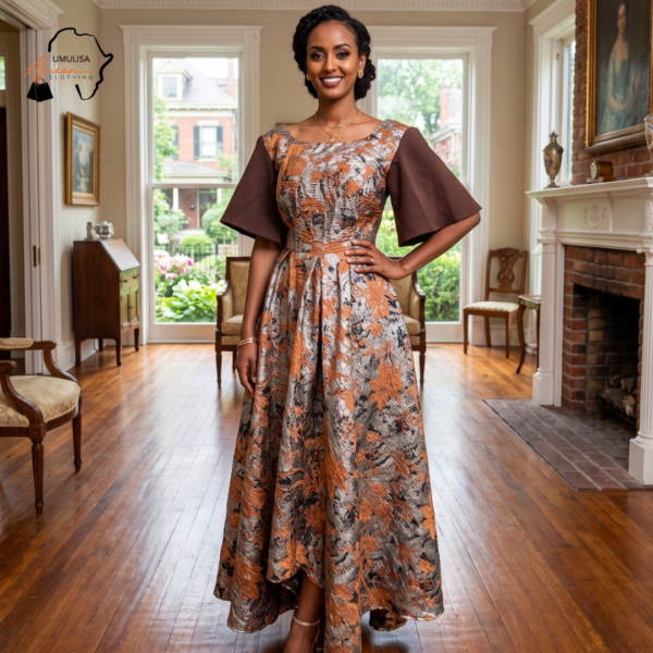 Nia Copper, Silver & Chocolate Brown African Maxi Dress