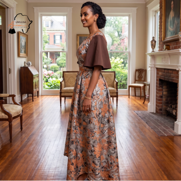 Nia Copper, Silver & Chocolate Brown African Maxi Dress
