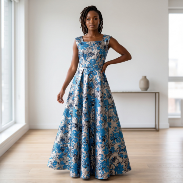 Abeni Royal Blue, Silver & Black African Maxi Dress