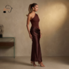 183 Kaya Chocolate Brown & Black One-Shoulder Maxi Dress