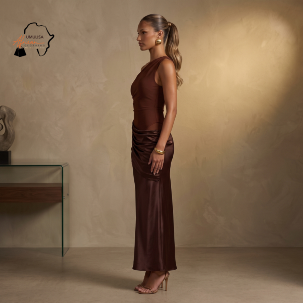 184 Kaya Chocolate Brown & Black One-Shoulder Maxi Dress