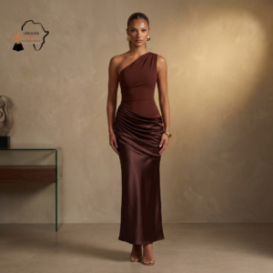 185 Kaya Chocolate Brown & Black One-Shoulder Maxi Dress
