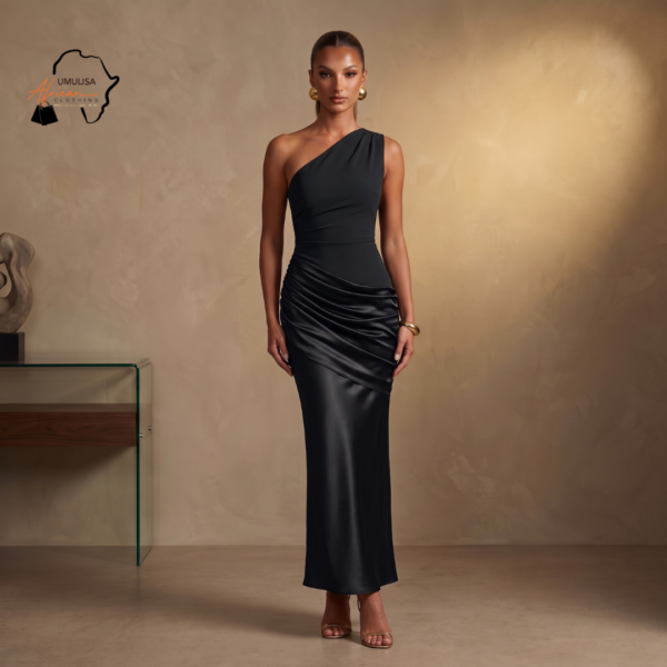 186 Kaya Chocolate Brown & Black One-Shoulder Maxi Dress