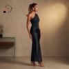 187 Kaya Chocolate Brown & Black One-Shoulder Maxi Dress