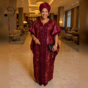 202 Zawadi Burgundy & Gold African Maxi Dress