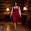 210 Zola Red & Mauve Belted A-Line Midi Dress