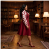212 Zola Red & Mauve Belted A-Line Midi Dress