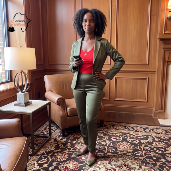 Amara Olive Green & Red African Two-Piece Suit