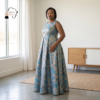 234 Zola Metallic Blue & Champagne Gold Brocade Gown – Opulent Evening Splendor