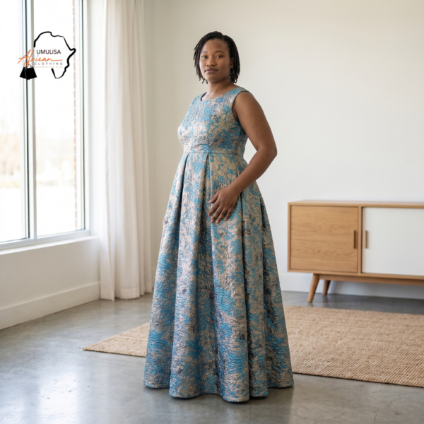 234 Zola Metallic Blue & Champagne Gold Brocade Gown – Opulent Evening Splendor