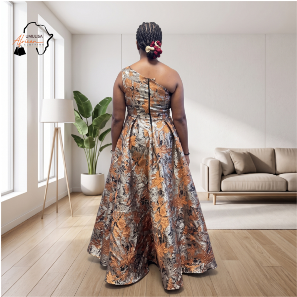 Amara Bronze & Silver Brocade Ball Gown – Radiant Evening Magnificence