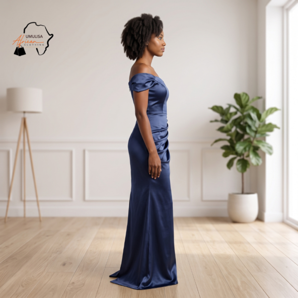 242 Nala Midnight Navy Blue Off-the-Shoulder Maxi Dress – Sculpted Evening Allure