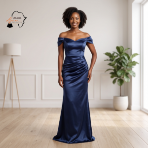 243 Nala Midnight Navy Blue Off-the-Shoulder Maxi Dress – Sculpted Evening Allure