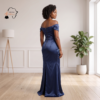 244 Nala Midnight Navy Blue Off-the-Shoulder Maxi Dress – Sculpted Evening Allure