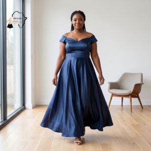 Sade Slate Blue Off-the-Shoulder Maxi Dress – Timeless Evening Poise