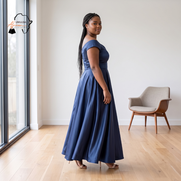 Sade Slate Blue Off-the-Shoulder Maxi Dress – Timeless Evening Poise