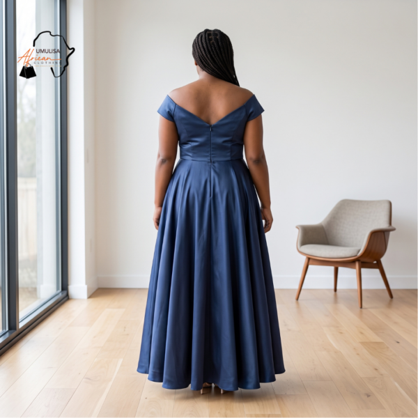 Sade Slate Blue Off-the-Shoulder Maxi Dress – Timeless Evening Poise