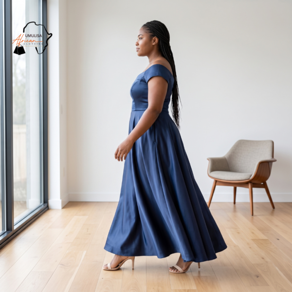 Sade Slate Blue Off-the-Shoulder Maxi Dress – Timeless Evening Poise