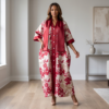 Ayana Crimson Red & Champagne Floral Kaftan Maxi Dress – Modern Resort Sophistication