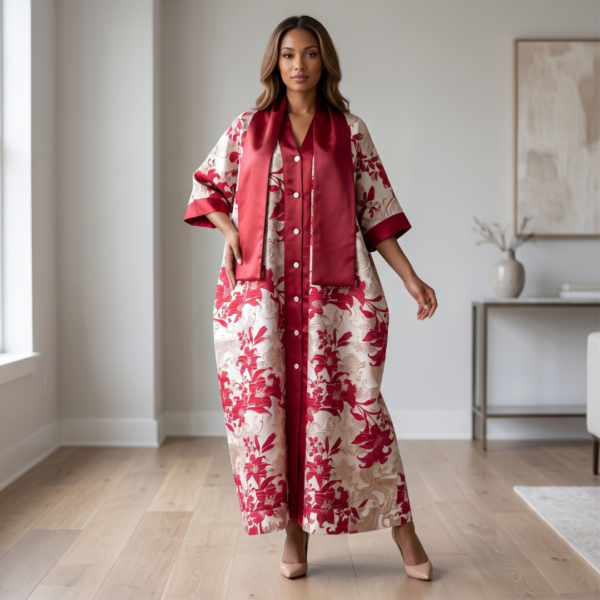 Ayana Crimson Red & Champagne Floral Kaftan Maxi Dress – Modern Resort Sophistication