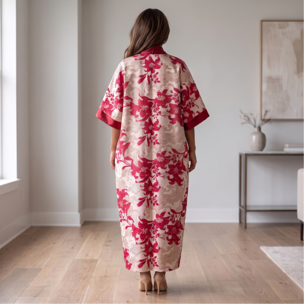 Ayana Crimson Red & Champagne Floral Kaftan Maxi Dress – Modern Resort Sophistication