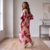 Ayana Crimson Red & Champagne Floral Kaftan Maxi Dress – Modern Resort Sophistication