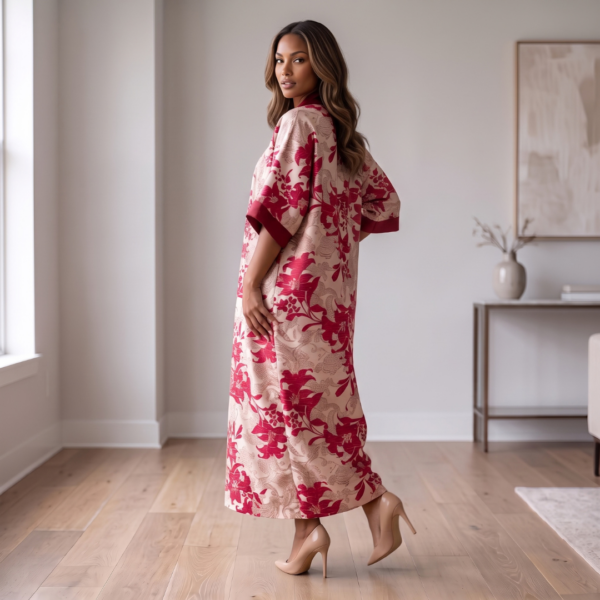 Ayana Crimson Red & Champagne Floral Kaftan Maxi Dress – Modern Resort Sophistication