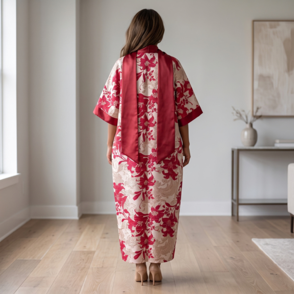 Ayana Crimson Red & Champagne Floral Kaftan Maxi Dress – Modern Resort Sophistication